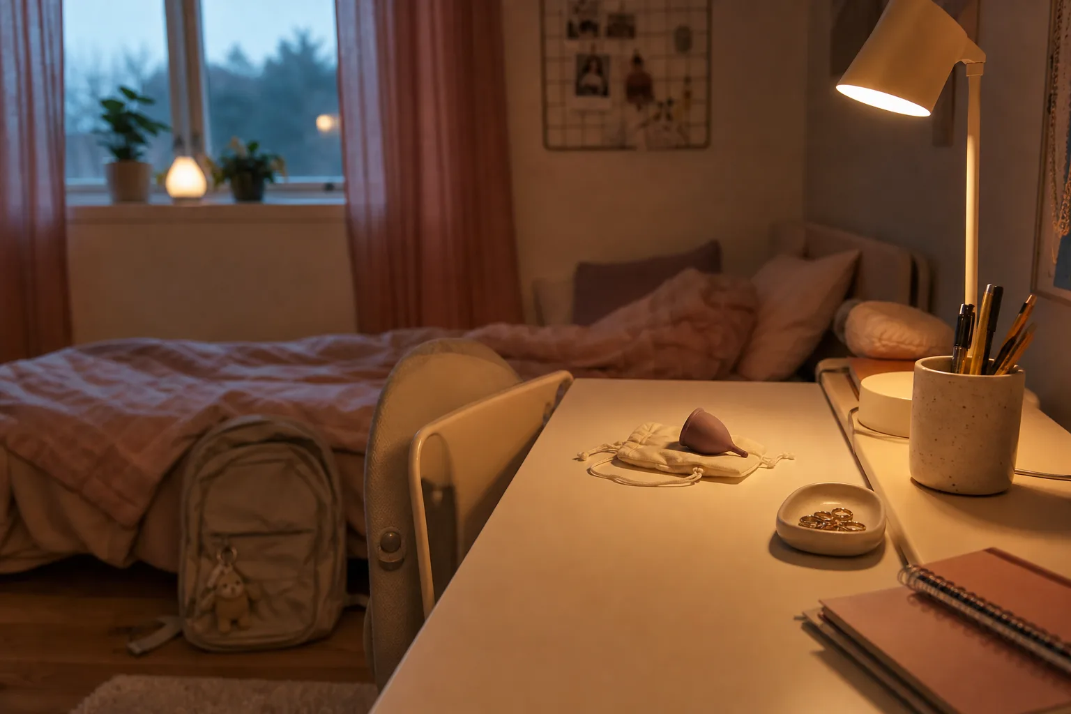 Skolväska och liten menskopp på tonårsrummets bord