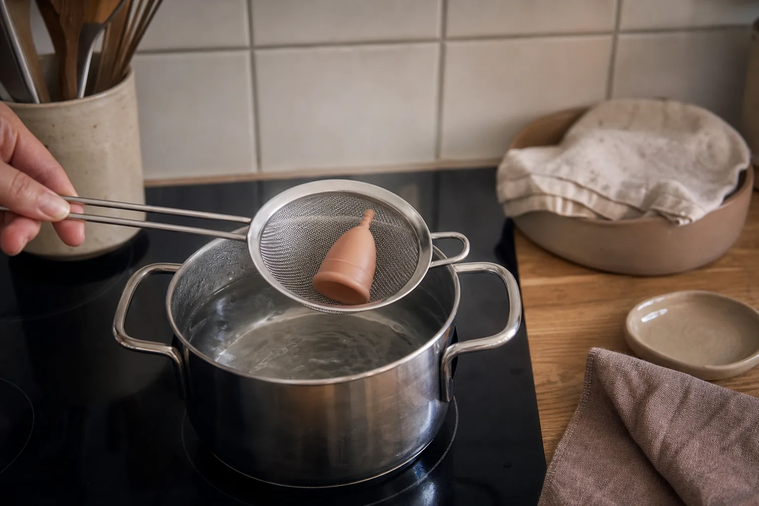 Menskopp i sil ovanför kastrull med kokande vatten