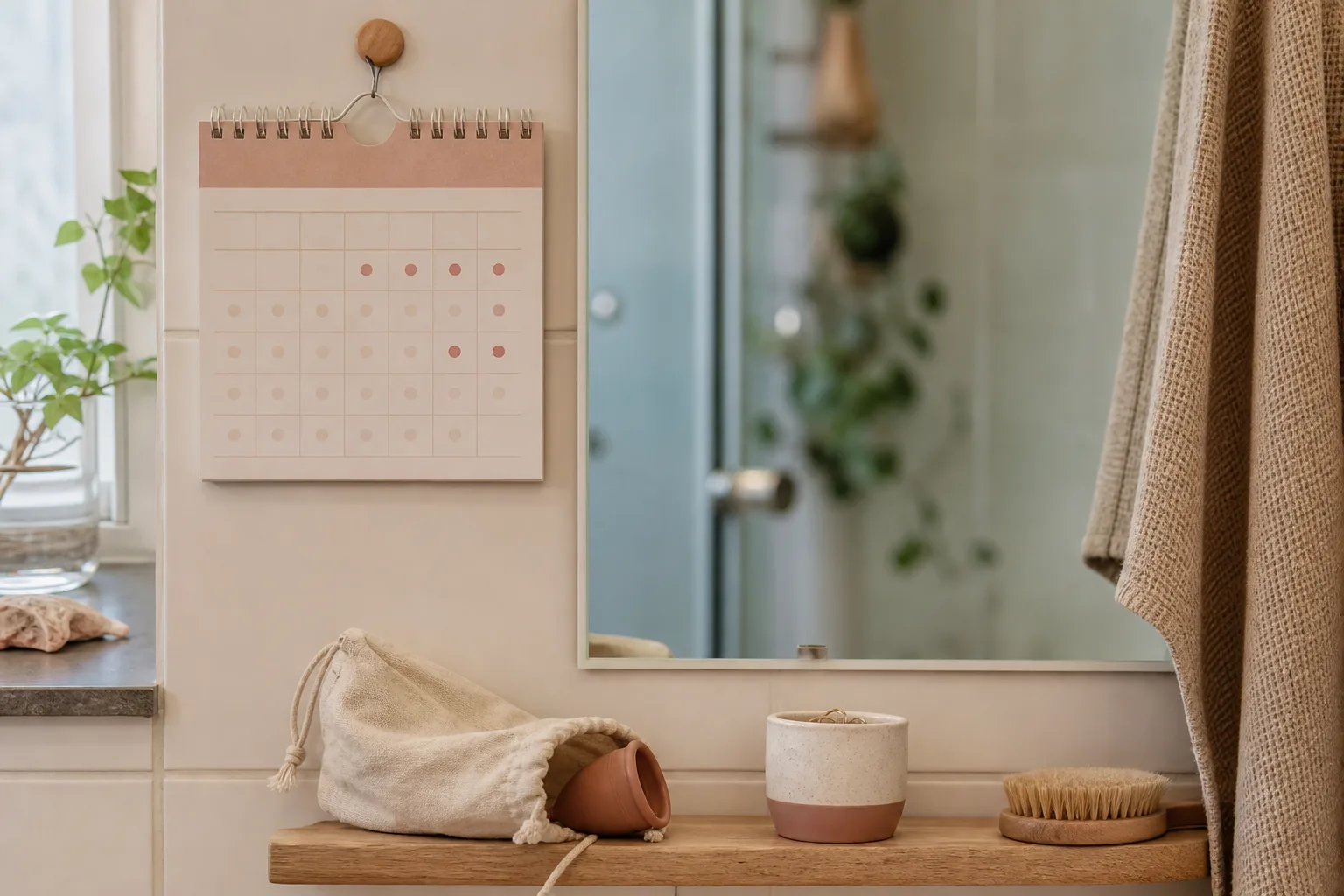 Kalender med markerade dagar bredvid menskopp i påse