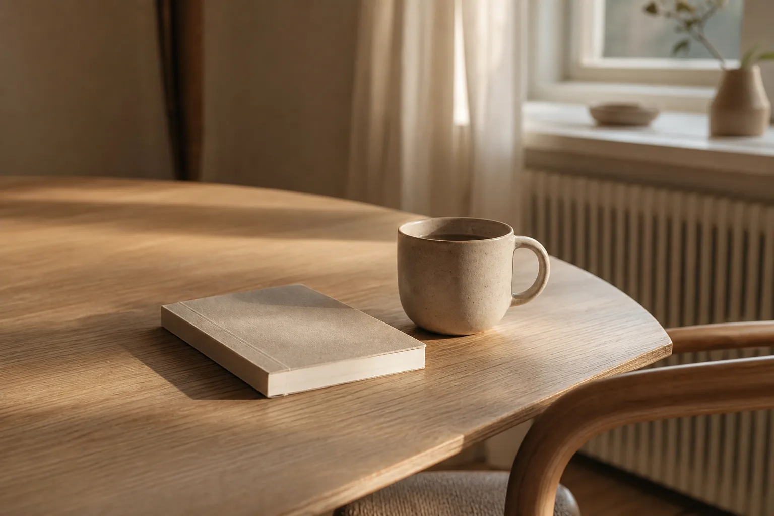Anteckningsbok och te på tomt köksbord i eftermiddagssol